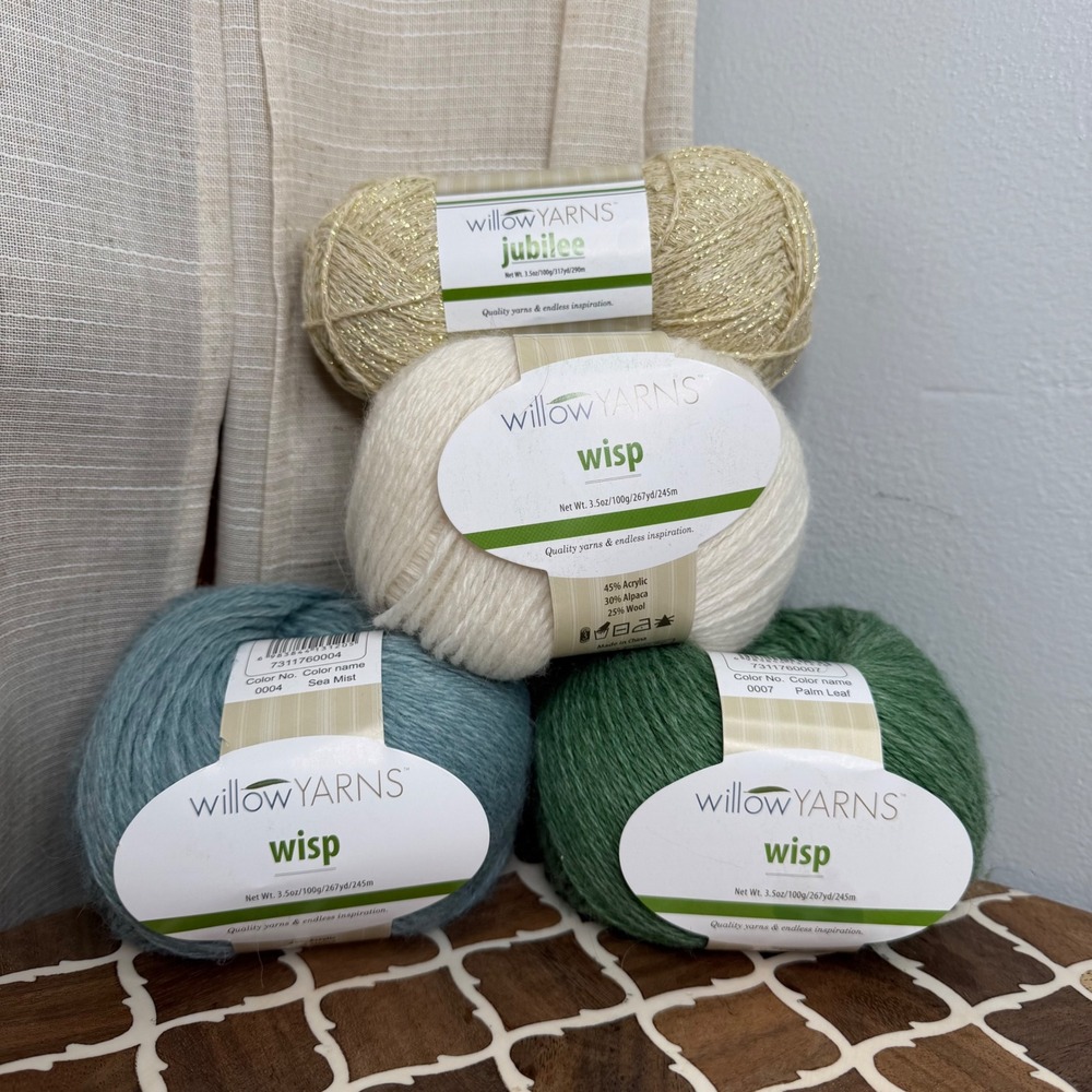 NEW Willow Yarns Wisp & Jubilee Alpaca‎ Wool Cotton Blend Yarn Bundle 4 Skeins